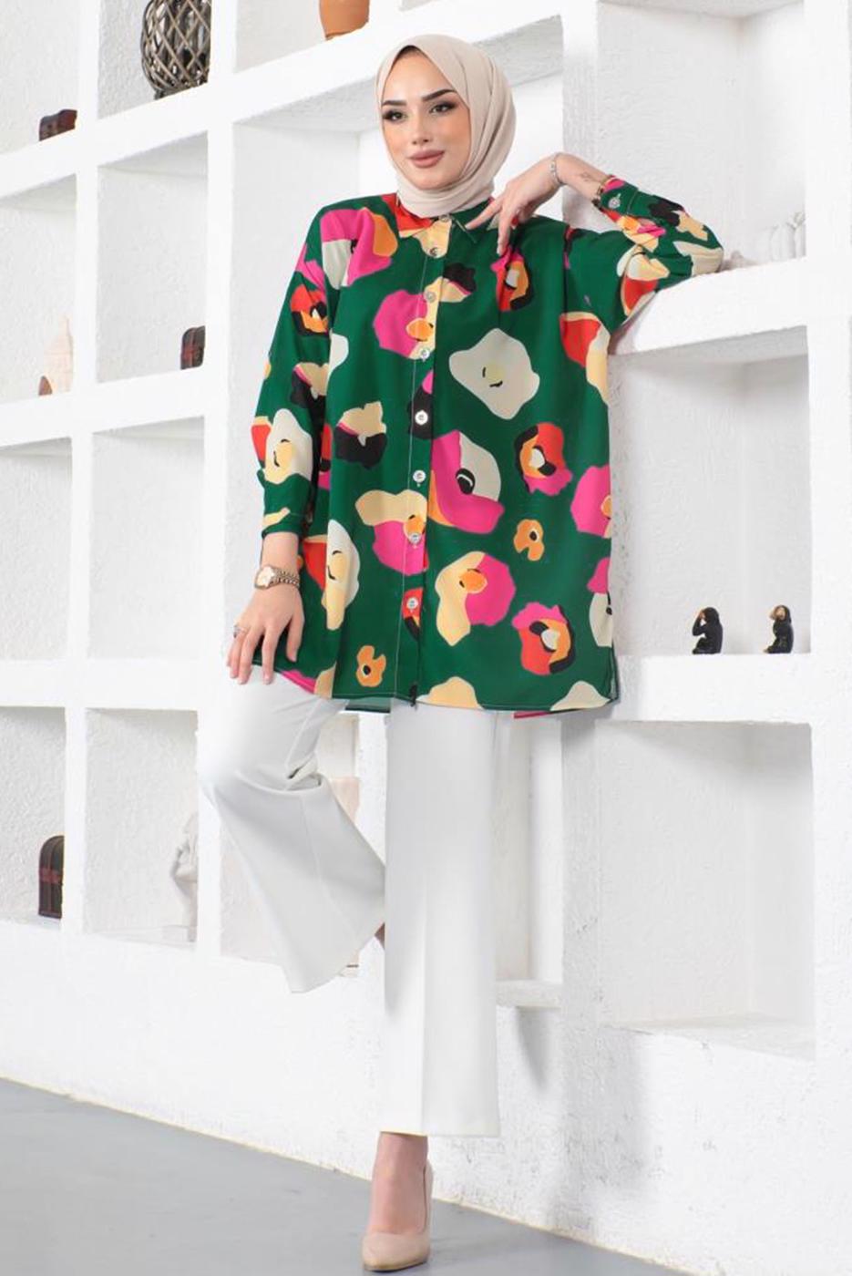 Tesettür giyim YEŞİL ÇOK RENKLİ DESENLİ GÖMLEK TUNİK T 8888