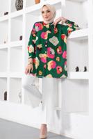 Tesettür giyim YEŞİL ÇOK RENKLİ DESENLİ GÖMLEK TUNİK T 8888