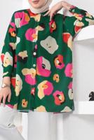 Tesettür giyim YEŞİL ÇOK RENKLİ DESENLİ GÖMLEK TUNİK T 8888