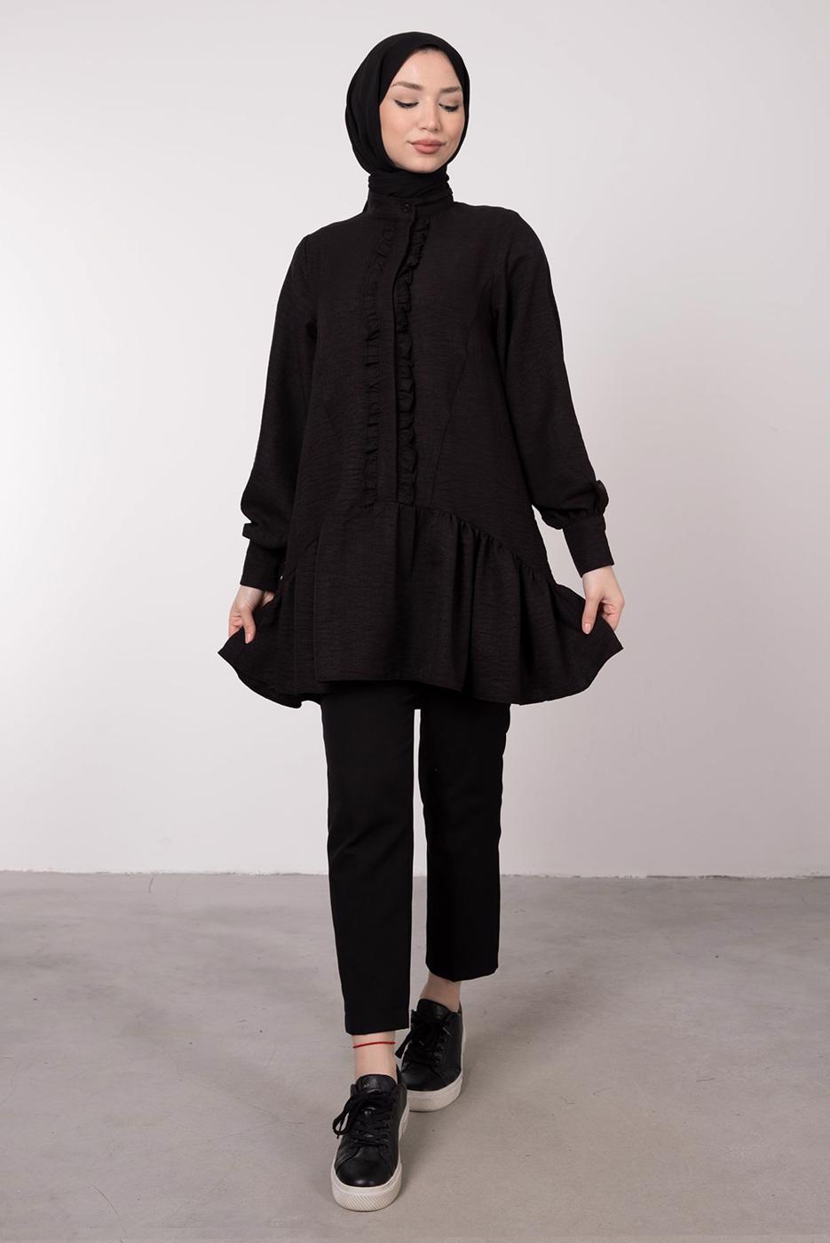 Tesettür giyim SİYAH FIRFIR DETAYLI VOLANLI TUNİK T 8985