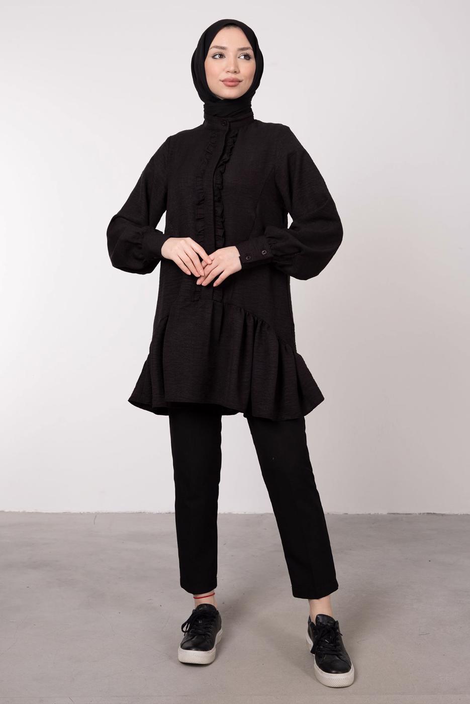 Tesettür giyim SİYAH FIRFIR DETAYLI VOLANLI TUNİK T 8985