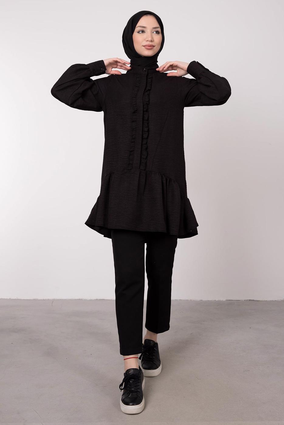 Tesettür giyim SİYAH FIRFIR DETAYLI VOLANLI TUNİK T 8985