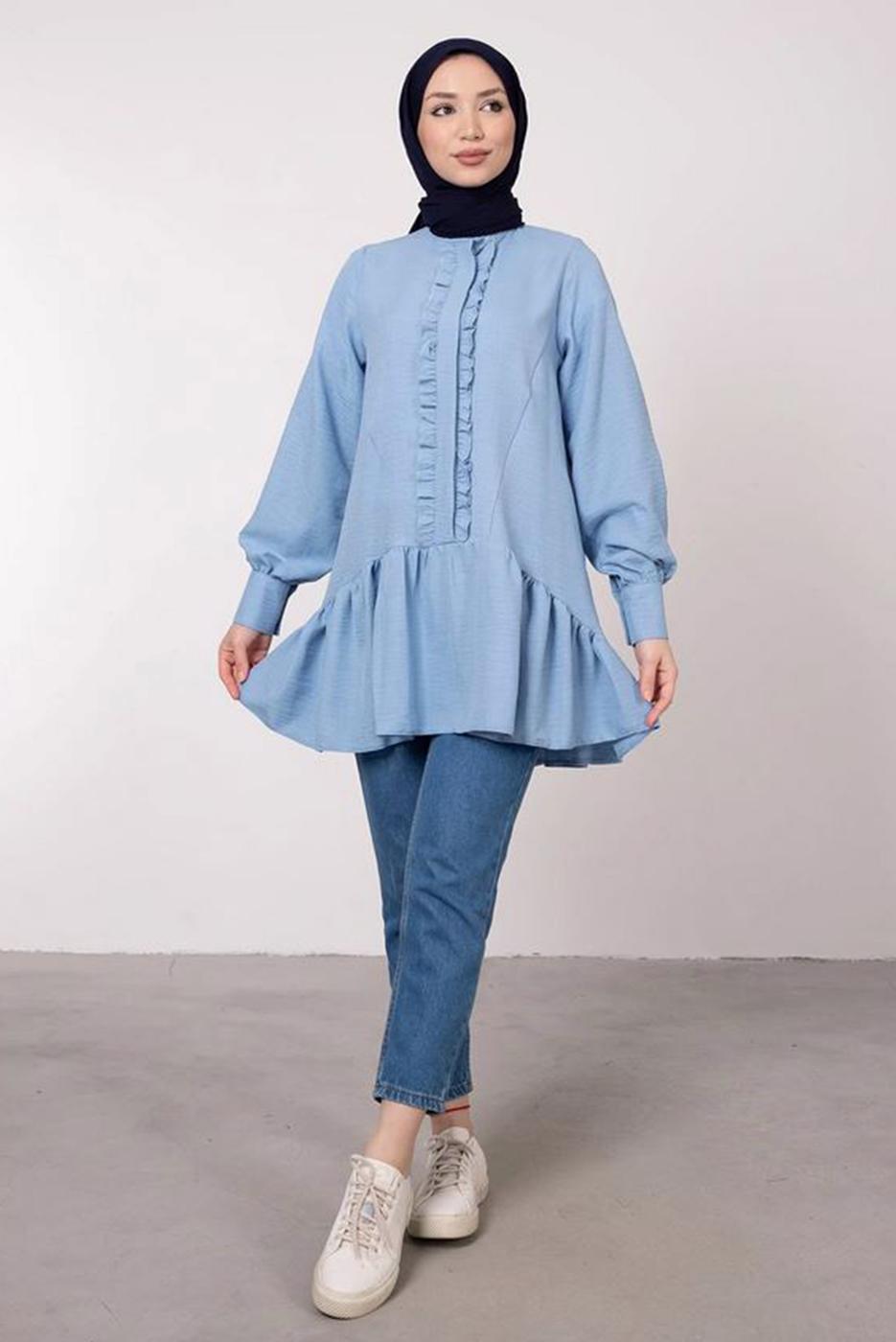 Tesettür giyim MAVİ FIRFIR DETAYLI VOLANLI TUNİK T 8985