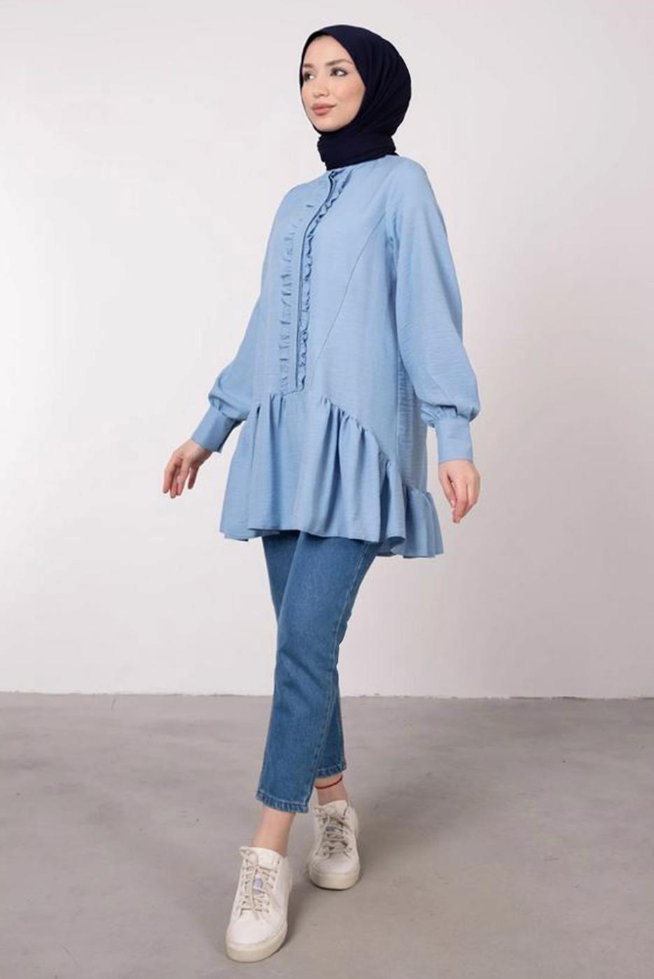 Tesettür giyim MAVİ FIRFIR DETAYLI VOLANLI TUNİK T 8985