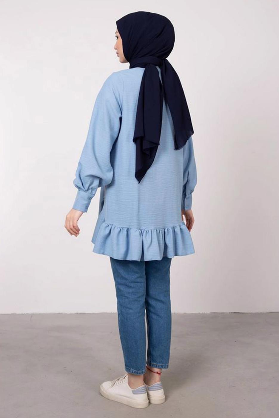 Tesettür giyim MAVİ FIRFIR DETAYLI VOLANLI TUNİK T 8985