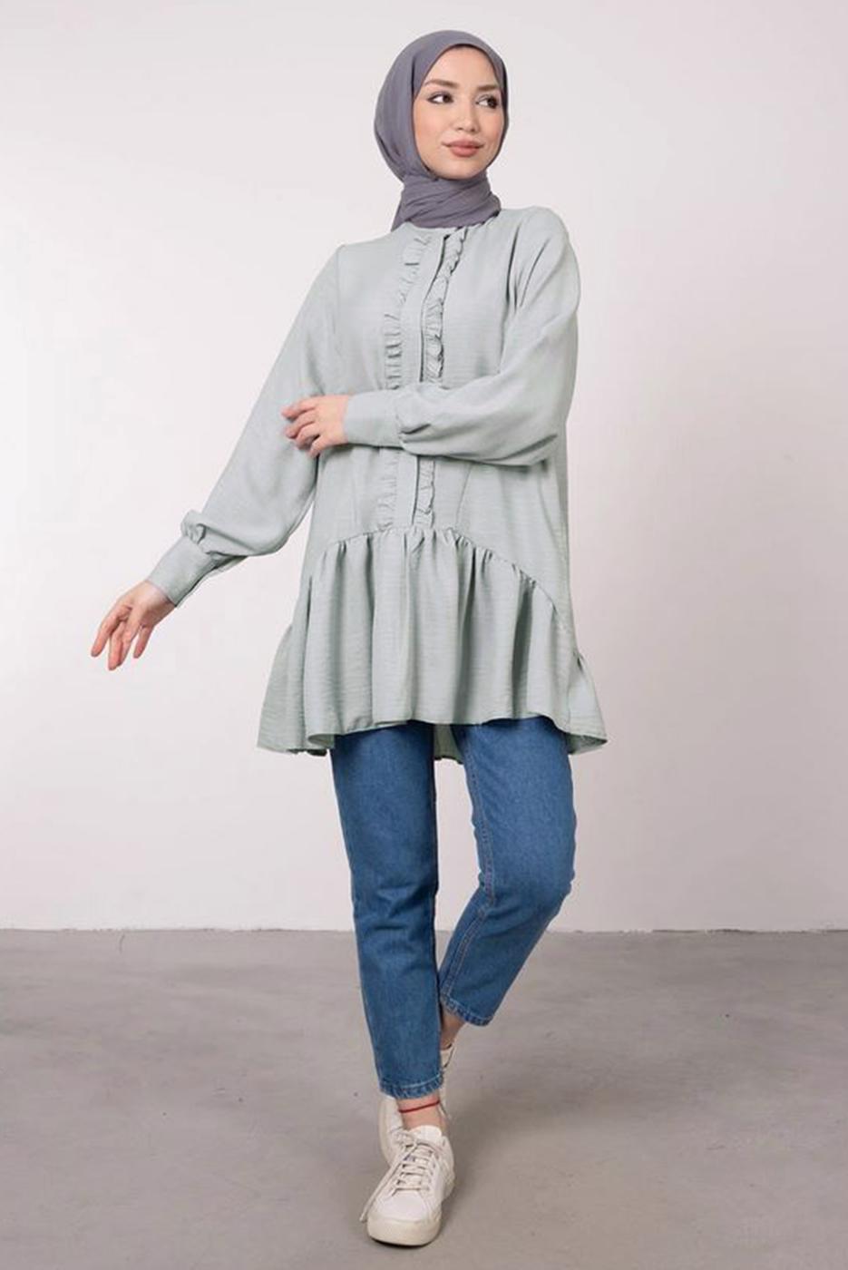 Tesettür giyim GRİ FIRFIR DETAYLI VOLANLI TUNİK T 8985