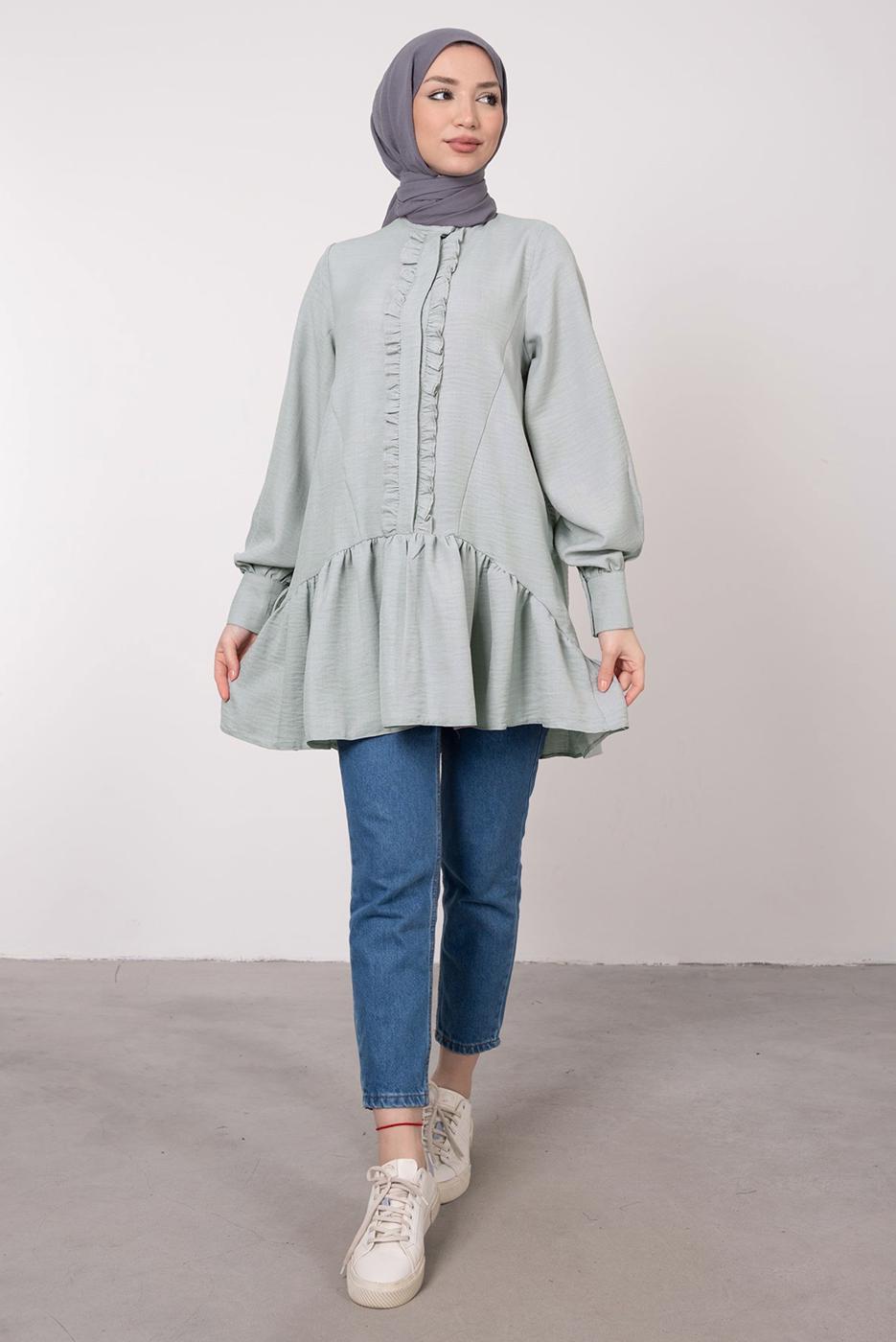Tesettür giyim GRİ FIRFIR DETAYLI VOLANLI TUNİK T 8985