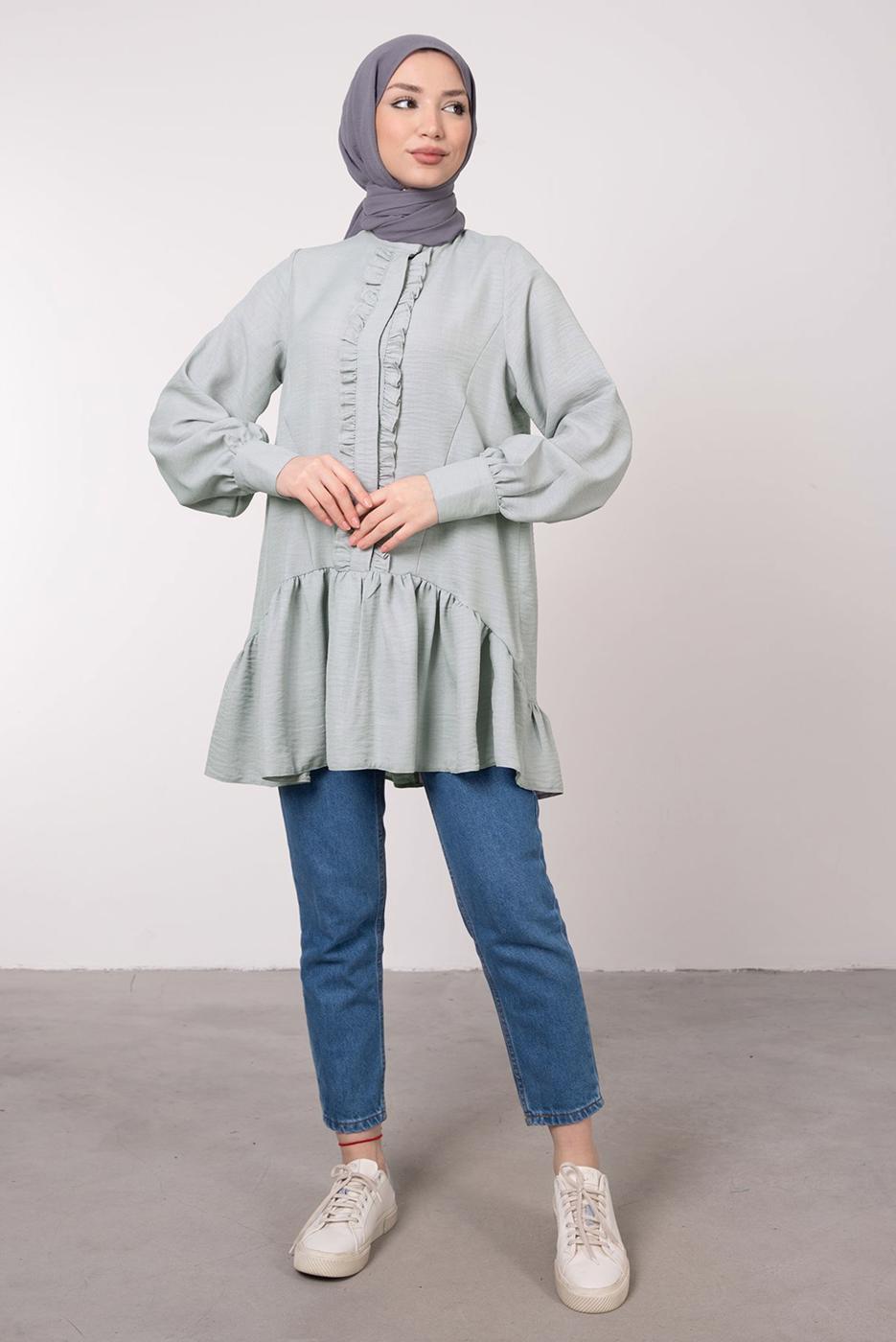 Tesettür giyim GRİ FIRFIR DETAYLI VOLANLI TUNİK T 8985
