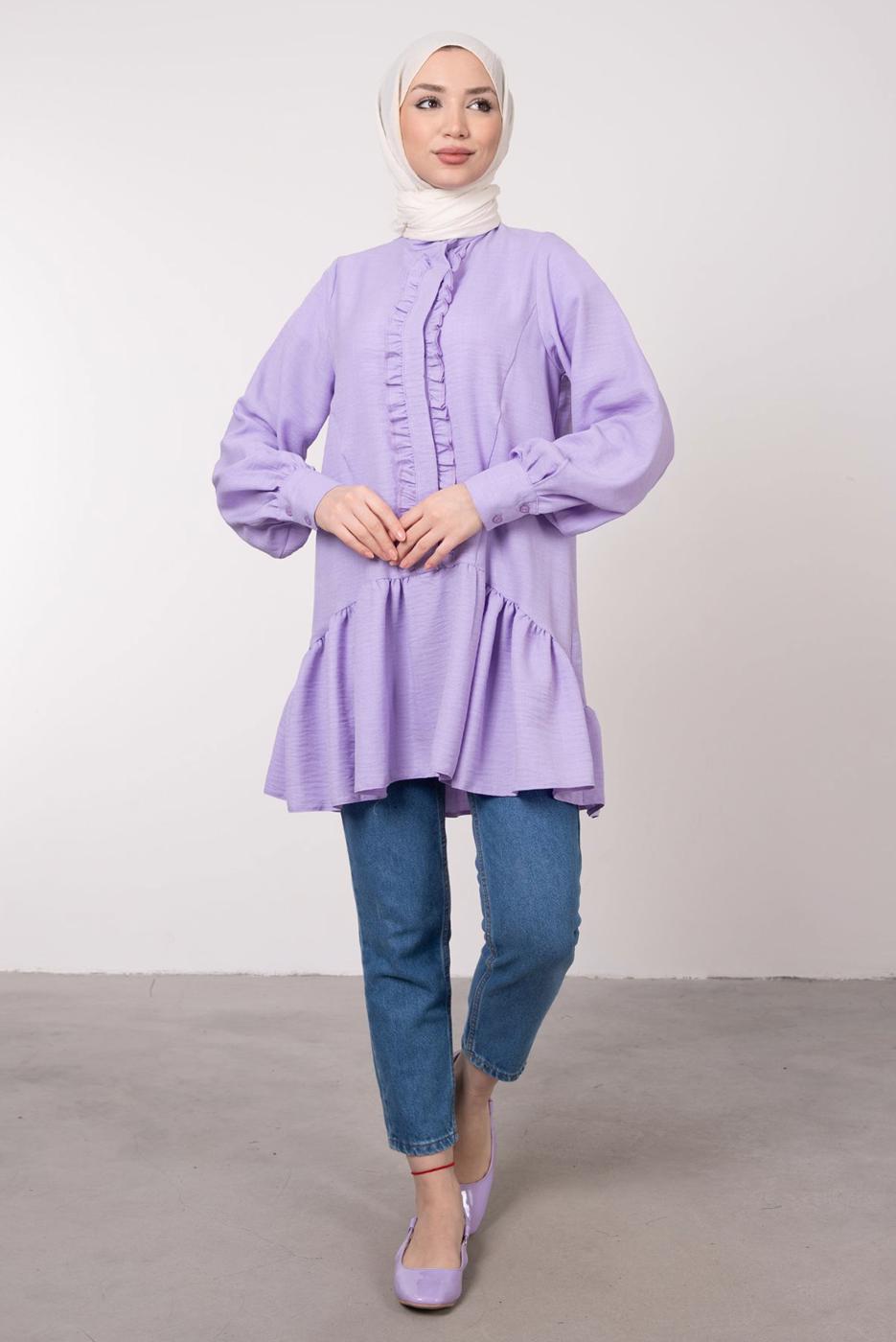 Tesettür giyim MOR FIRFIR DETAYLI VOLANLI TUNİK T 8985