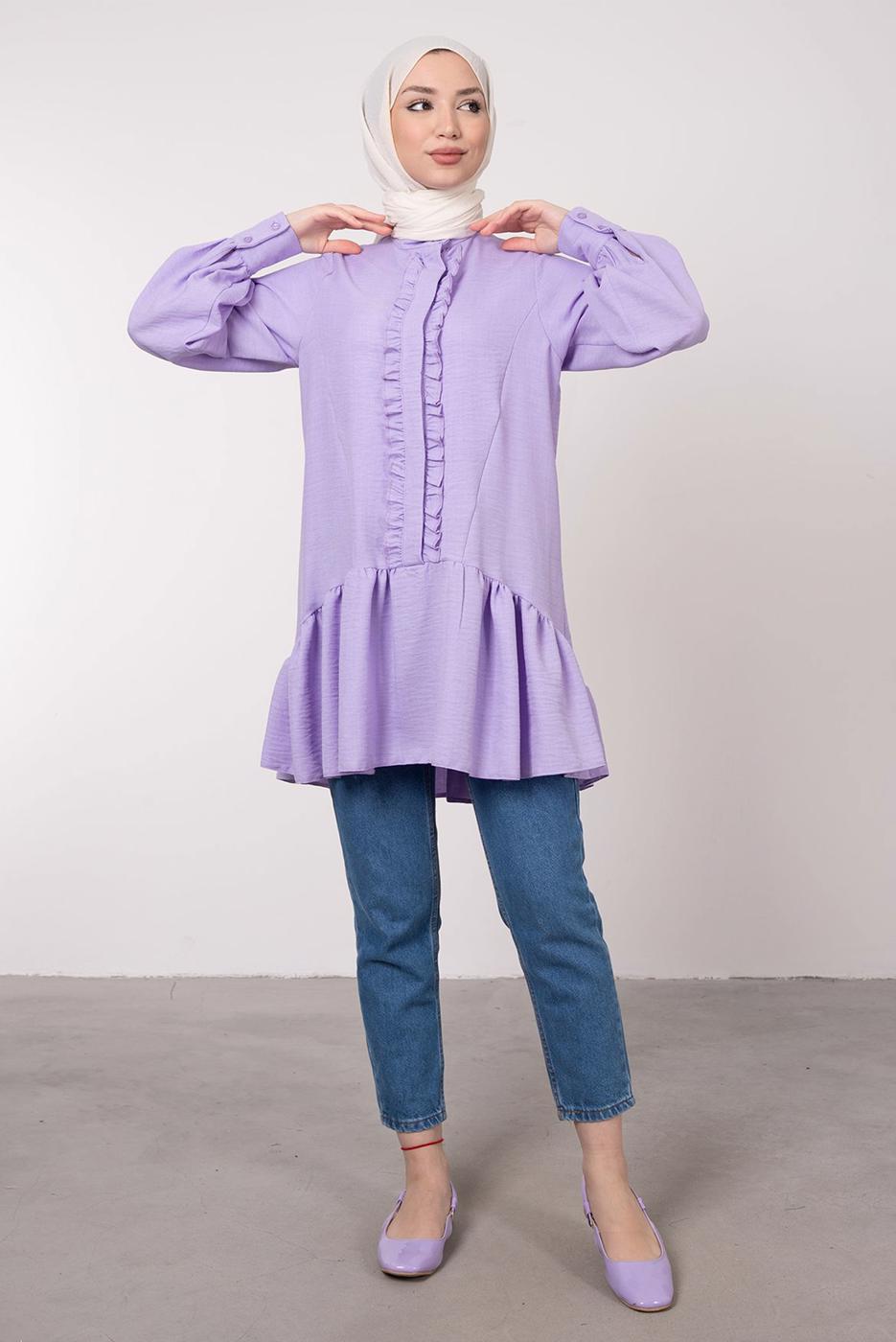 Tesettür giyim MOR FIRFIR DETAYLI VOLANLI TUNİK T 8985