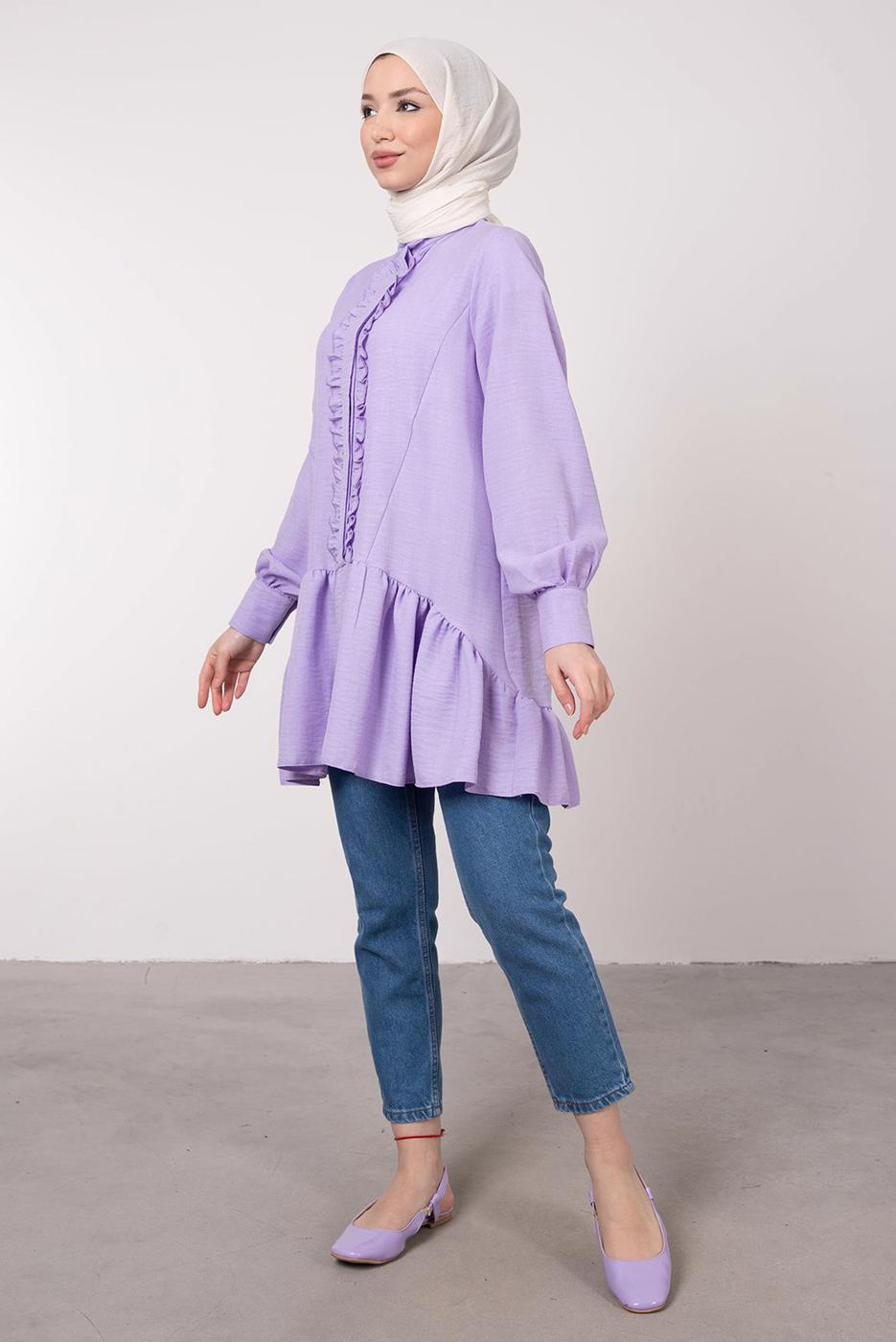 Tesettür giyim MOR FIRFIR DETAYLI VOLANLI TUNİK T 8985