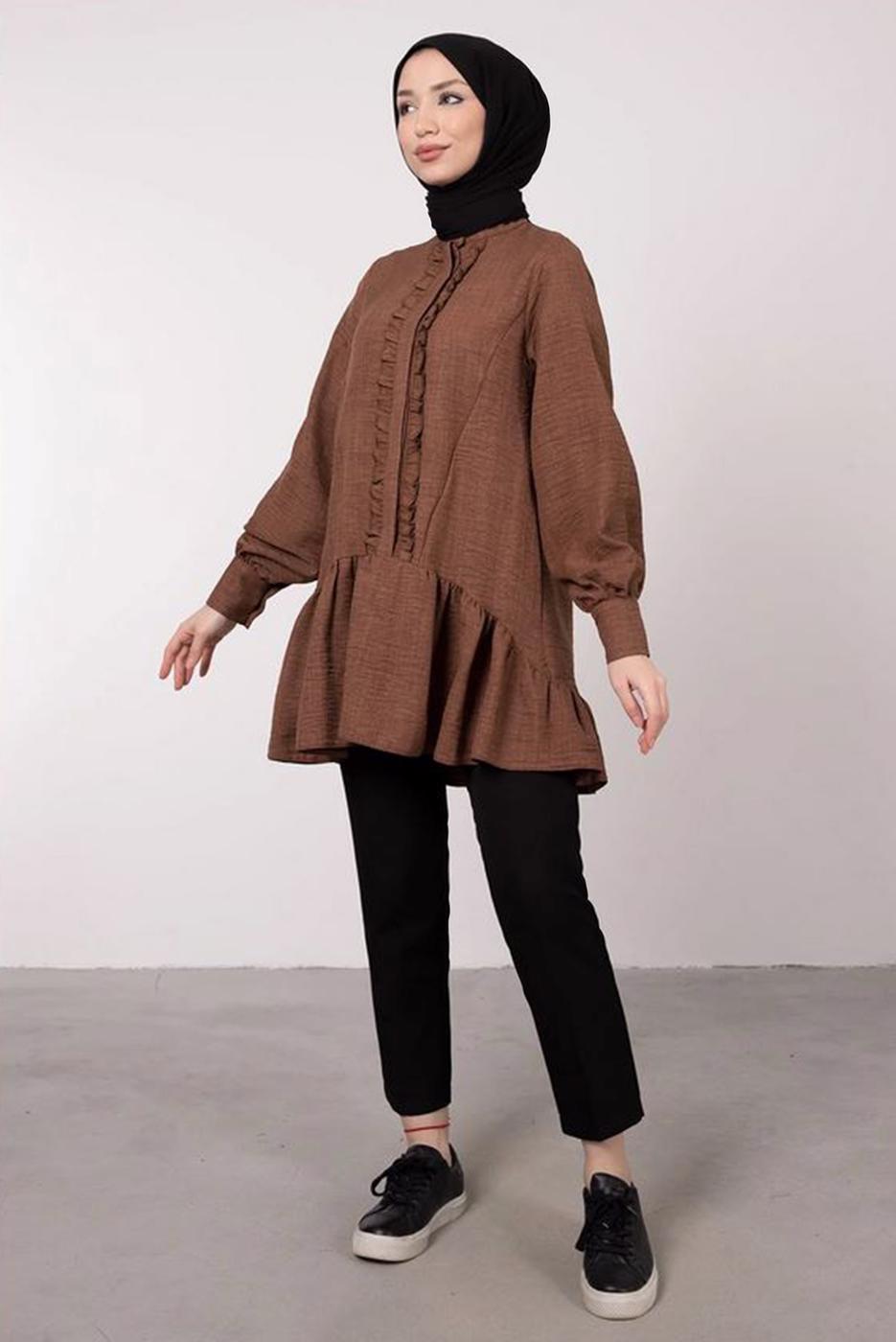 Tesettür giyim KAHVE FIRFIR DETAYLI VOLANLI TUNİK T 8985