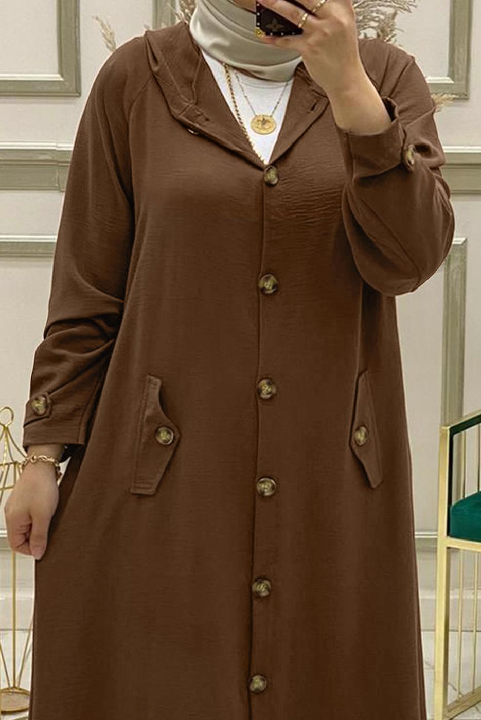 Tesettür giyim KAHVE KAPÜŞONLU DÜĞMELİ KAP T 90345