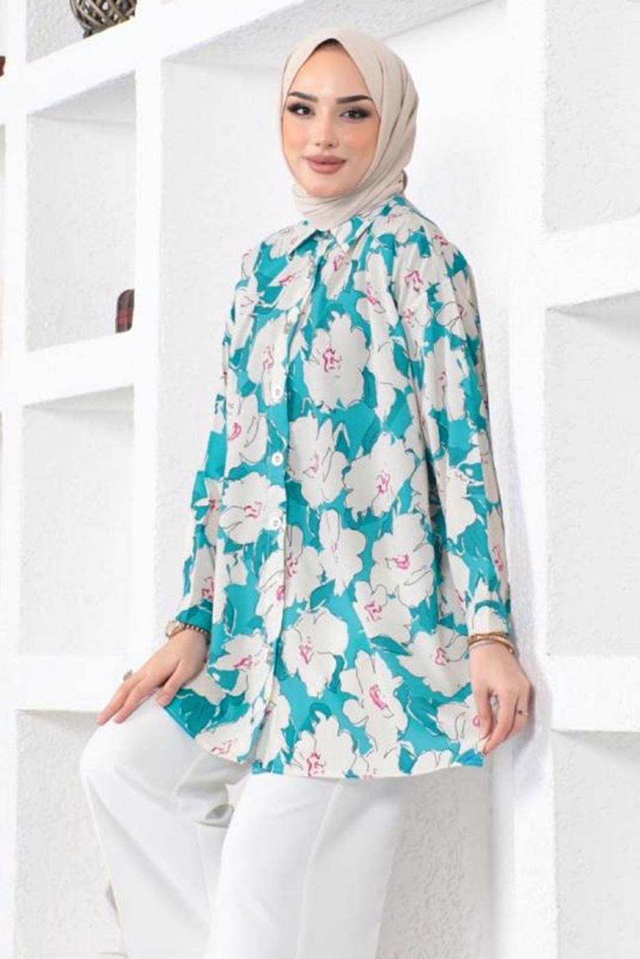 Tesettür giyim MAVİ DESENLİ YANI YIRTMAÇLI GÖMLEK TUNİK T 9888