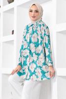 Tesettür giyim MAVİ DESENLİ YANI YIRTMAÇLI GÖMLEK TUNİK T 9888