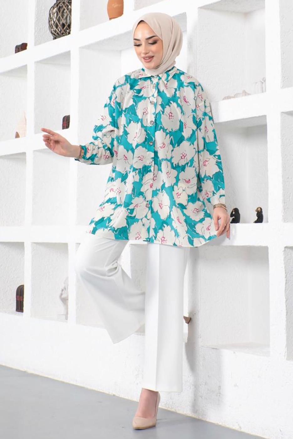 Tesettür giyim MAVİ DESENLİ YANI YIRTMAÇLI GÖMLEK TUNİK T 9888