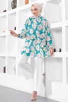 Tesettür giyim MAVİ DESENLİ YANI YIRTMAÇLI GÖMLEK TUNİK T 9888