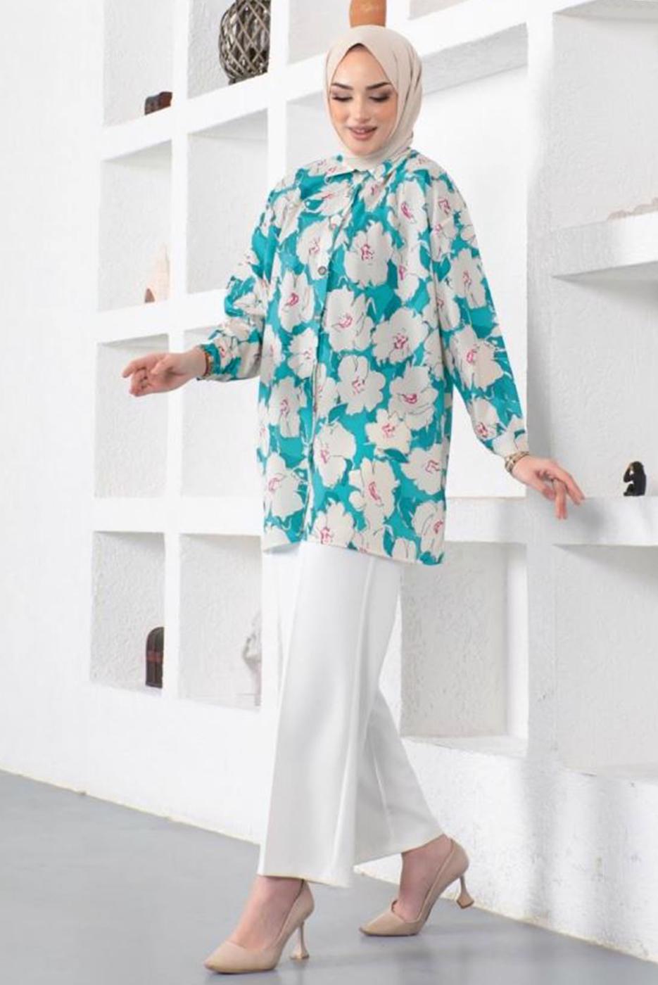 Tesettür giyim MAVİ DESENLİ YANI YIRTMAÇLI GÖMLEK TUNİK T 9888