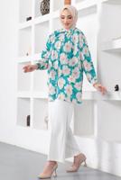 Tesettür giyim MAVİ DESENLİ YANI YIRTMAÇLI GÖMLEK TUNİK T 9888
