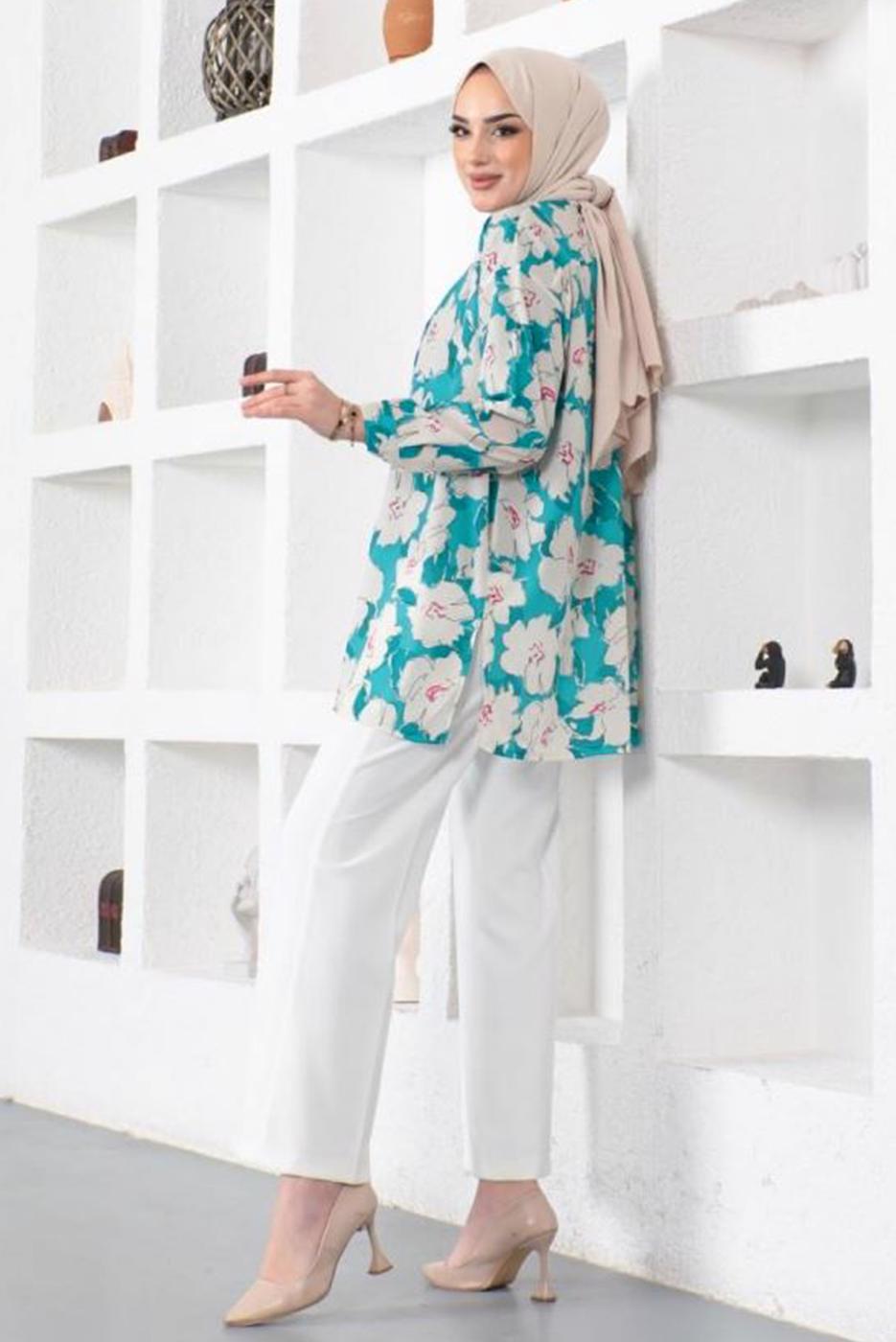 Tesettür giyim MAVİ DESENLİ YANI YIRTMAÇLI GÖMLEK TUNİK T 9888