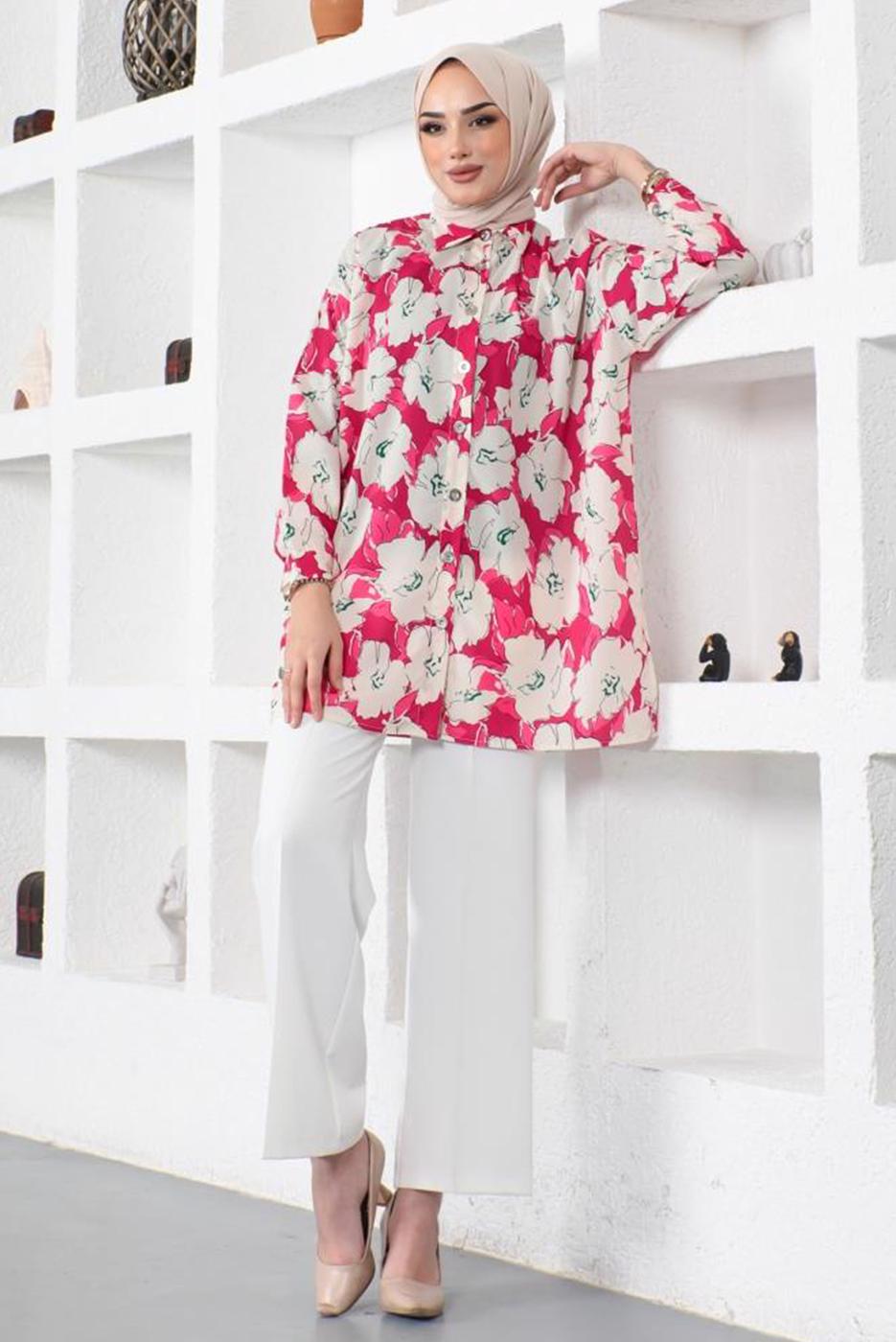Tesettür giyim FUŞYA DESENLİ YANI YIRTMAÇLI GÖMLEK TUNİK T 9888
