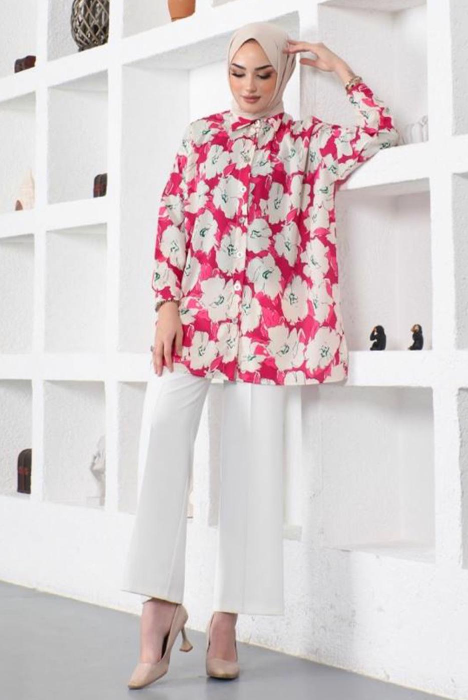 Tesettür giyim FUŞYA DESENLİ YANI YIRTMAÇLI GÖMLEK TUNİK T 9888