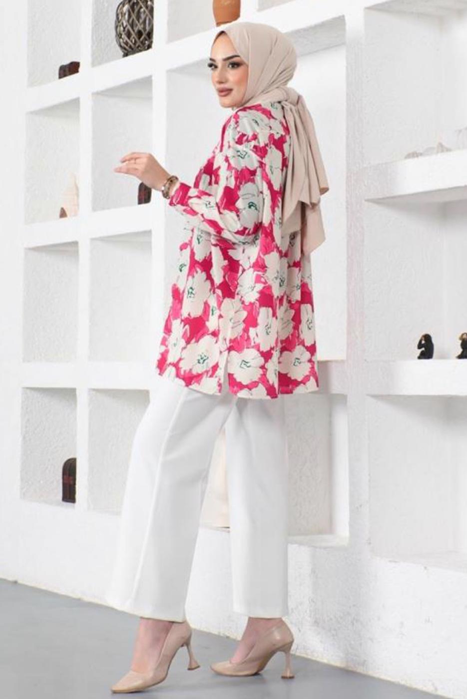 Tesettür giyim FUŞYA DESENLİ YANI YIRTMAÇLI GÖMLEK TUNİK T 9888