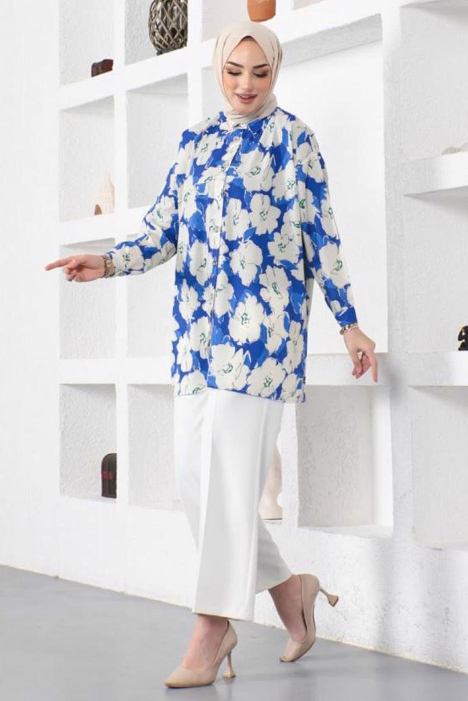 Tesettür giyim LACİVERT DESENLİ YANI YIRTMAÇLI GÖMLEK TUNİK T 9888