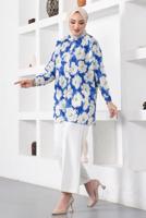 Tesettür giyim LACİVERT DESENLİ YANI YIRTMAÇLI GÖMLEK TUNİK T 9888