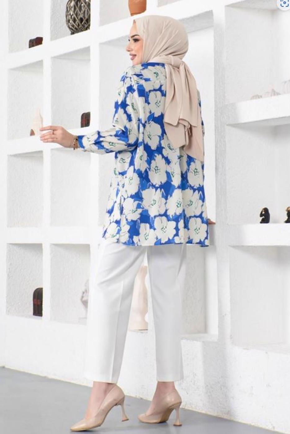 Tesettür giyim LACİVERT DESENLİ YANI YIRTMAÇLI GÖMLEK TUNİK T 9888