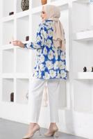 Tesettür giyim LACİVERT DESENLİ YANI YIRTMAÇLI GÖMLEK TUNİK T 9888