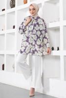 Tesettür giyim MOR DESENLİ YANI YIRTMAÇLI GÖMLEK TUNİK T 9888