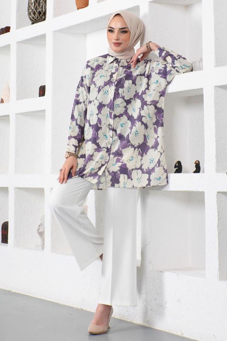Tesettür giyim MOR DESENLİ YANI YIRTMAÇLI GÖMLEK TUNİK T 9888