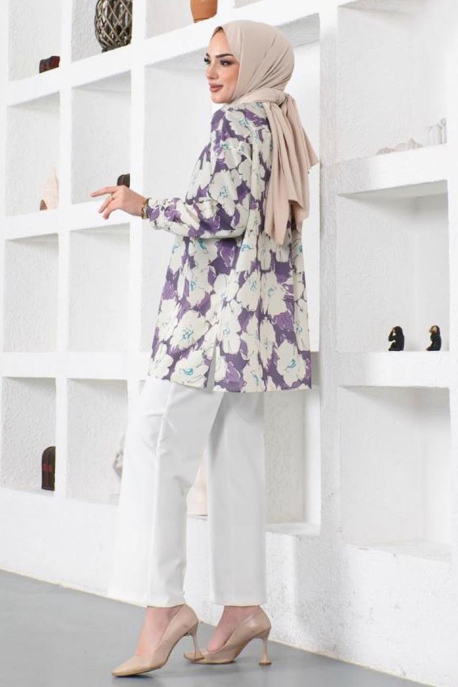 Tesettür giyim MOR DESENLİ YANI YIRTMAÇLI GÖMLEK TUNİK T 9888