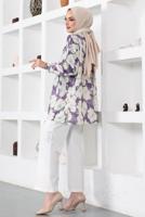 Tesettür giyim MOR DESENLİ YANI YIRTMAÇLI GÖMLEK TUNİK T 9888