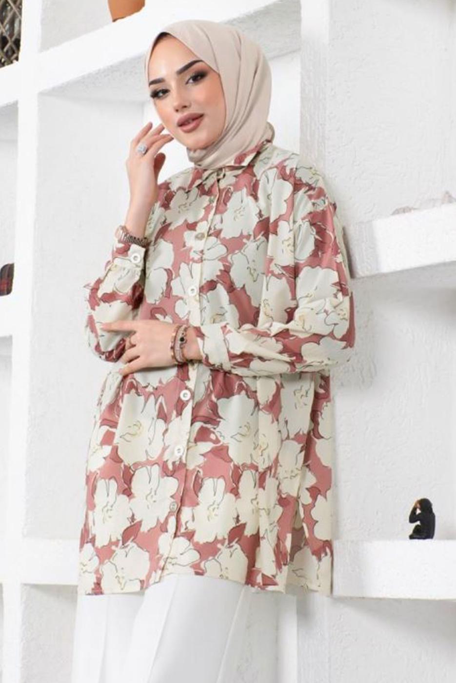 Tesettür giyim PEMBE DESENLİ YANI YIRTMAÇLI GÖMLEK TUNİK T 9888