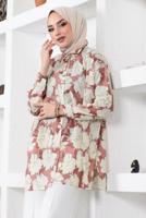 Tesettür giyim PEMBE DESENLİ YANI YIRTMAÇLI GÖMLEK TUNİK T 9888