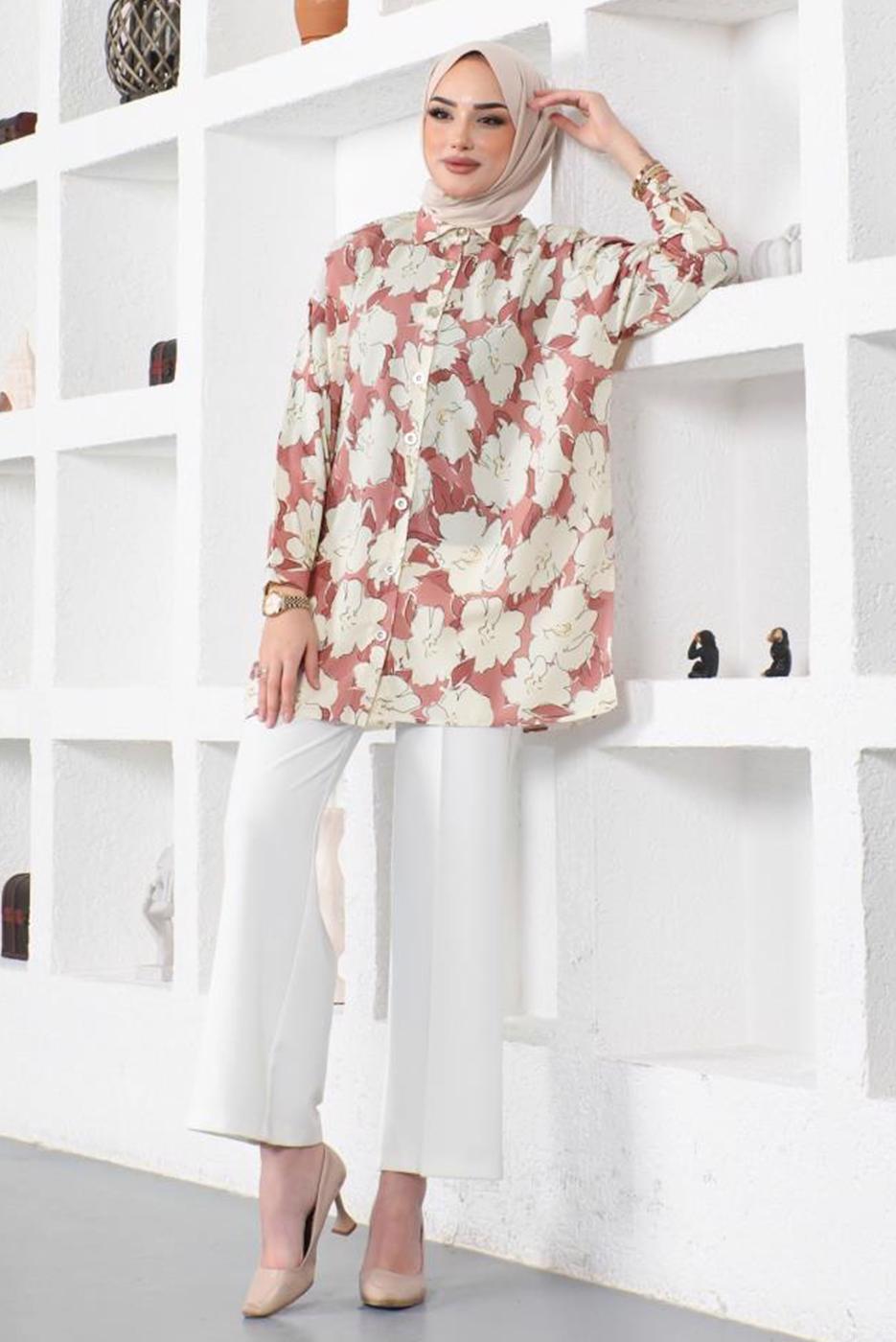Tesettür giyim PEMBE DESENLİ YANI YIRTMAÇLI GÖMLEK TUNİK T 9888