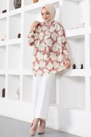 Tesettür giyim PEMBE DESENLİ YANI YIRTMAÇLI GÖMLEK TUNİK T 9888