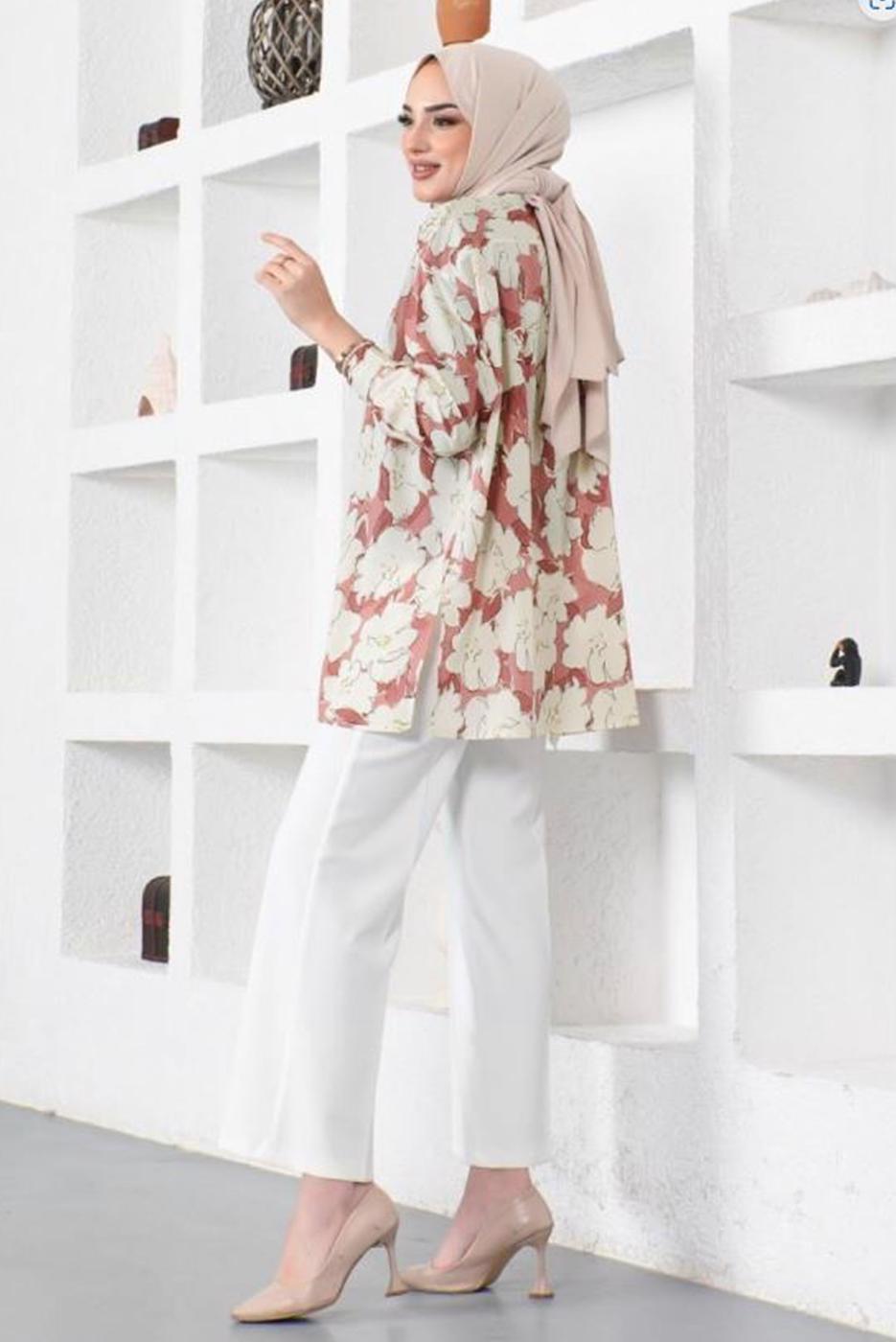 Tesettür giyim PEMBE DESENLİ YANI YIRTMAÇLI GÖMLEK TUNİK T 9888