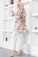 Tesettür giyim PEMBE DESENLİ YANI YIRTMAÇLI GÖMLEK TUNİK T 9888