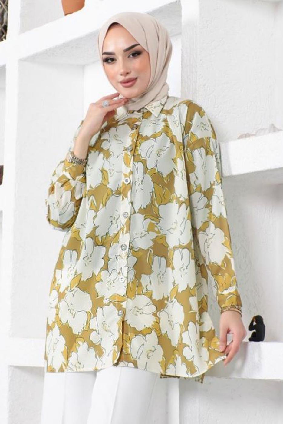 Tesettür giyim YEŞİL DESENLİ YANI YIRTMAÇLI GÖMLEK TUNİK T 9888