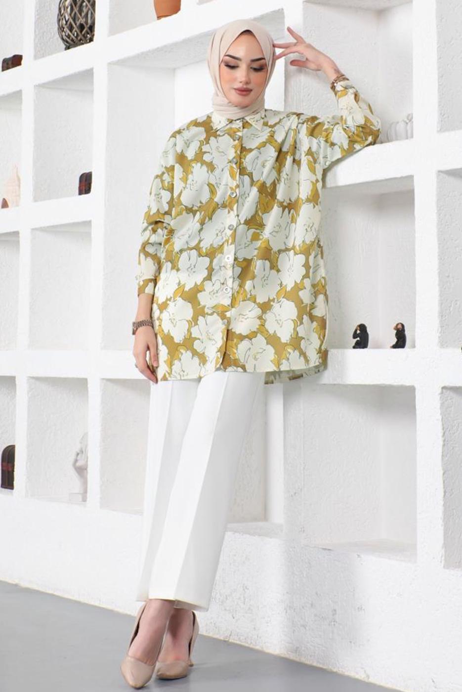 Tesettür giyim YEŞİL DESENLİ YANI YIRTMAÇLI GÖMLEK TUNİK T 9888