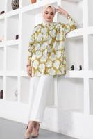 Tesettür giyim YEŞİL DESENLİ YANI YIRTMAÇLI GÖMLEK TUNİK T 9888