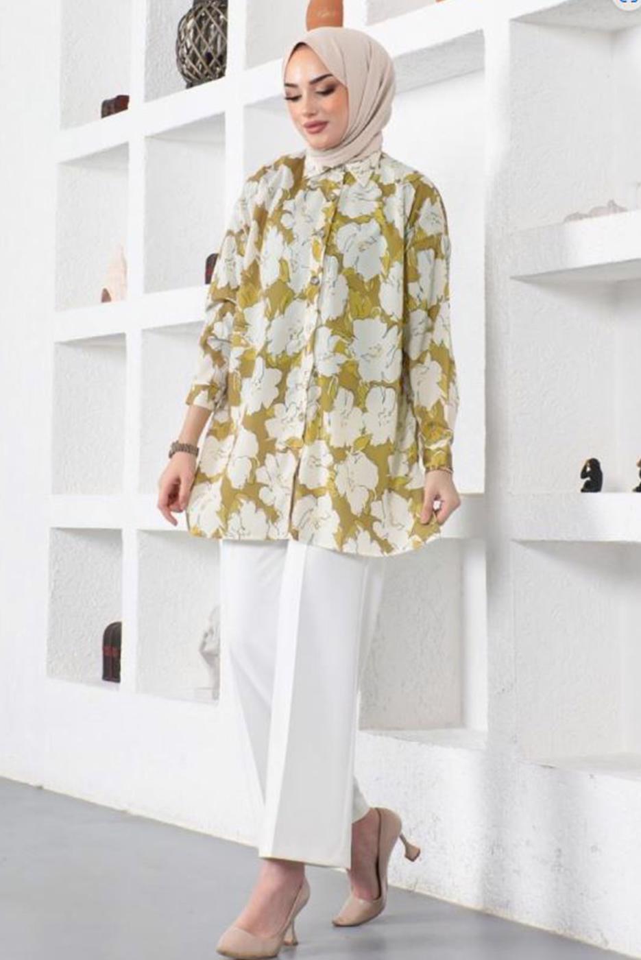 Tesettür giyim YEŞİL DESENLİ YANI YIRTMAÇLI GÖMLEK TUNİK T 9888