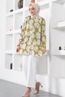 Tesettür giyim YEŞİL DESENLİ YANI YIRTMAÇLI GÖMLEK TUNİK T 9888