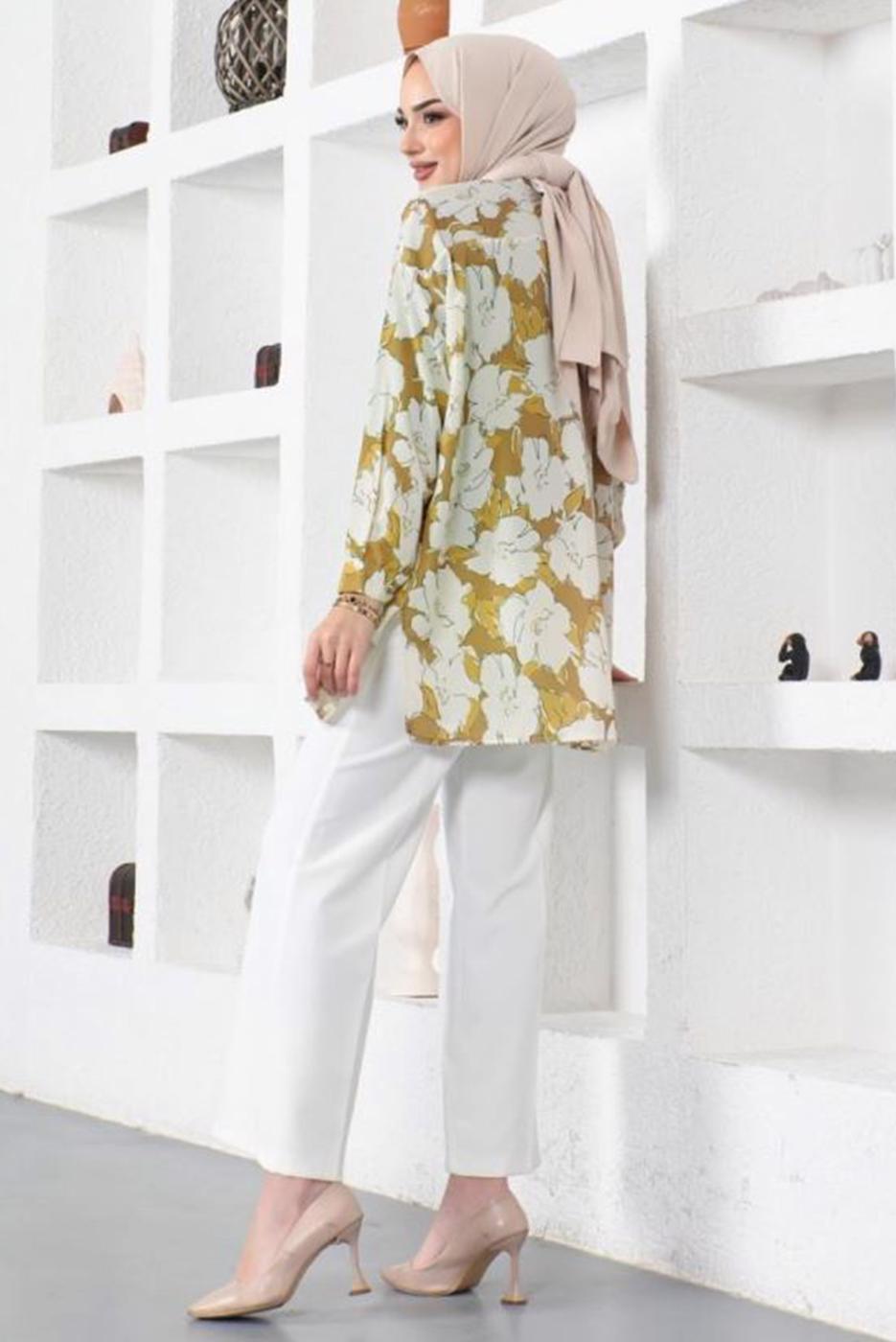 Tesettür giyim YEŞİL DESENLİ YANI YIRTMAÇLI GÖMLEK TUNİK T 9888