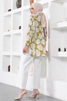 Tesettür giyim YEŞİL DESENLİ YANI YIRTMAÇLI GÖMLEK TUNİK T 9888