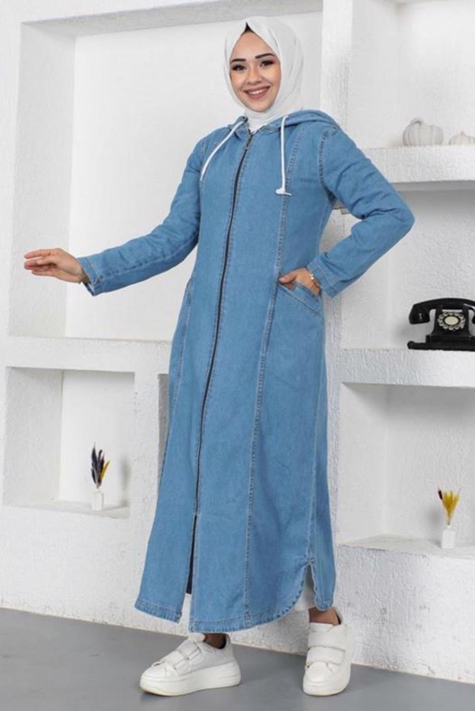 Vêtements hijab BLEU TRENCH-COAT EN DENIM À CAPUCHE AVEC POCHE T 1087