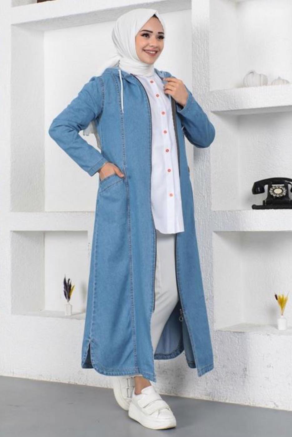 Vêtements hijab BLEU TRENCH-COAT EN DENIM À CAPUCHE AVEC POCHE T 1087